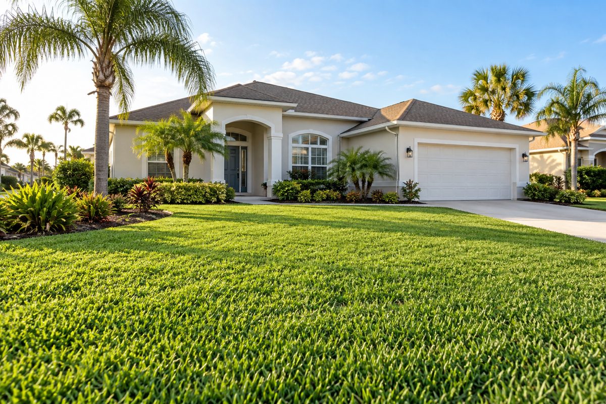 A neatly maintained Florida lawn with a clean driveway and palm trees